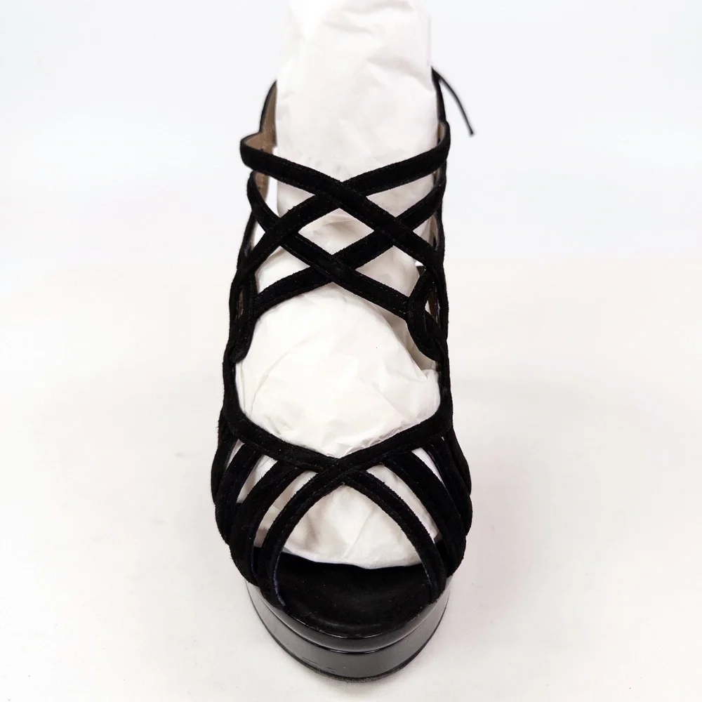 Bruno Magli Empress Black Suede Lace-Up Platform Heels Sandals Sz 38 w/ Box - Picture 7 of 11